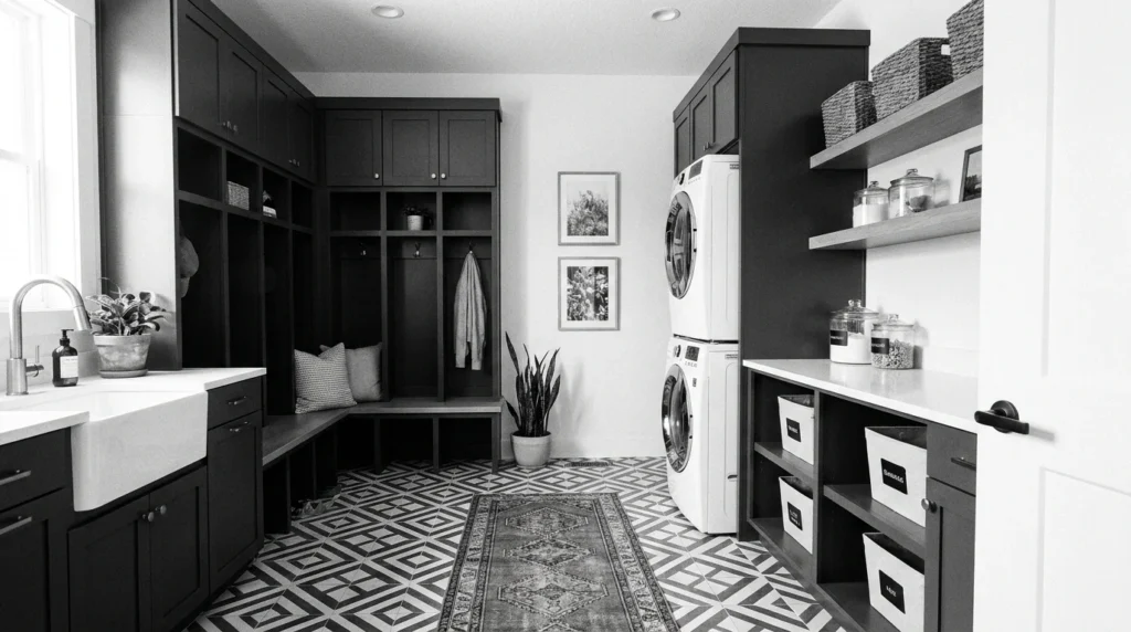 Black and white mudroom laundry combo with modern cabinets and stylish flooring