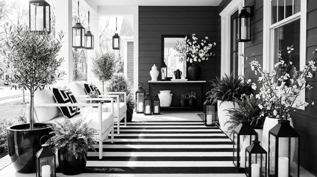 Modern black and white spring porch with striped rug and elegant outdoor decor