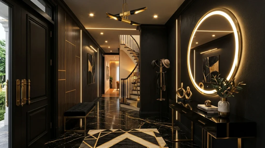 Black and gold entryway with circular LED lighting and luxury modern decor