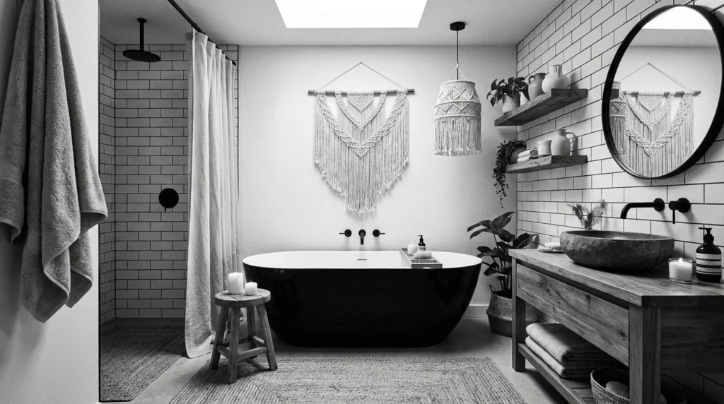 Black and white boho bathroom with woven decor and modern fixtures