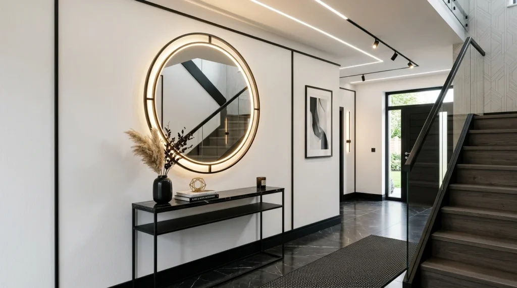 Black and white entryway with circular LED mirror and modern decor