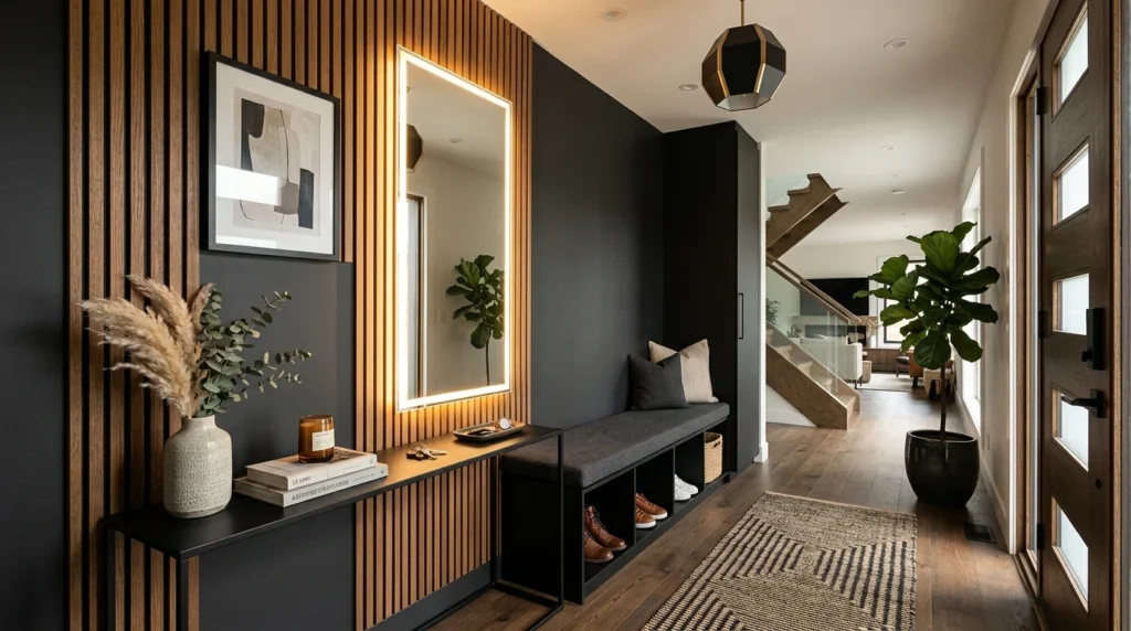 Black and wood entryway with LED mirror and modern luxury styling