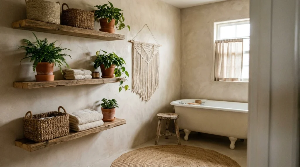 Small boho bathroom with floating shelves, greenery, and cozy neutral styling
