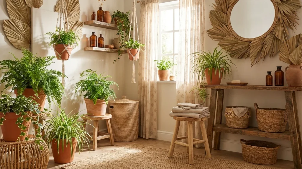Boho bathroom filled with greenery, hanging plants, and natural textures