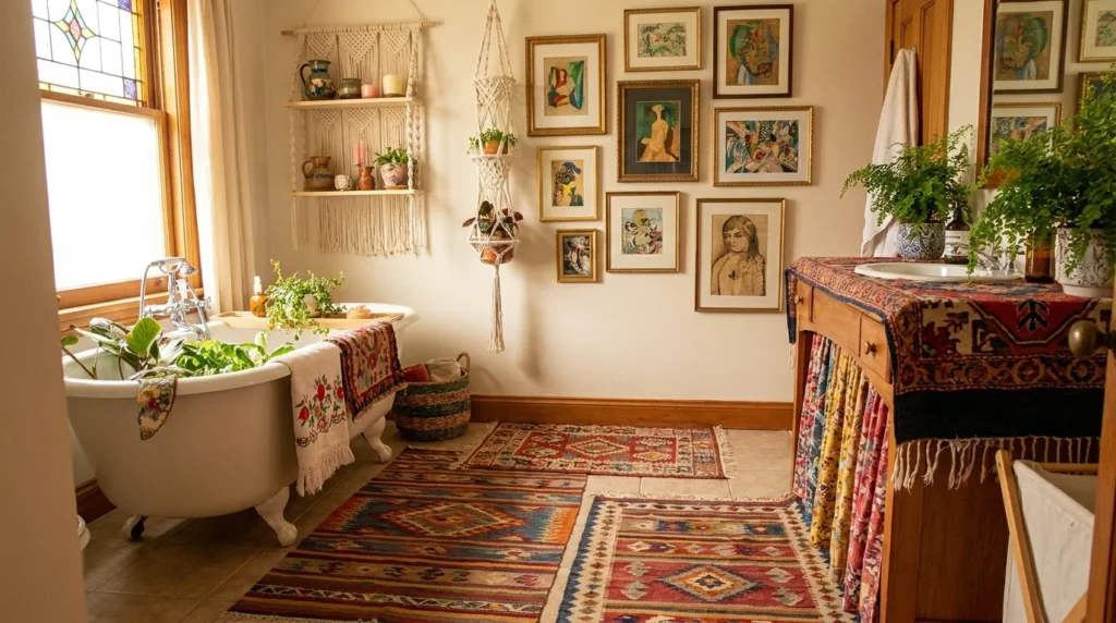 Colorful boho bathroom with patterned rugs, bright decor, and greenery