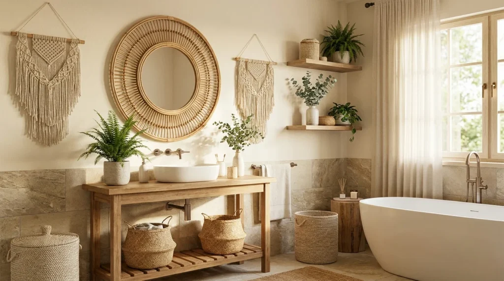 Boho bathroom with rattan mirror, woven decor, and neutral earthy styling