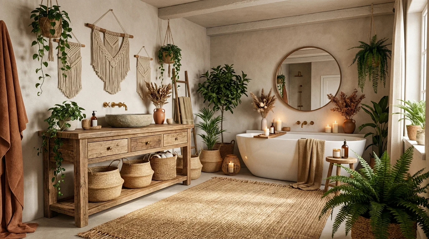 Beautiful boho bathroom with wooden textures, woven decor, greenery, and cozy earthy styling