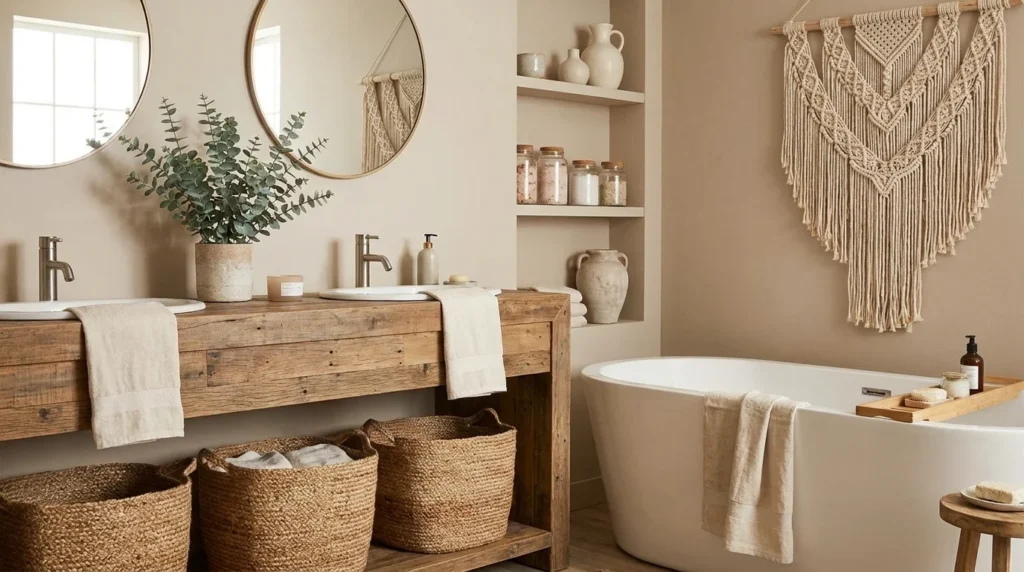 Neutral boho bathroom with wooden vanity, woven baskets, and beige earthy decor