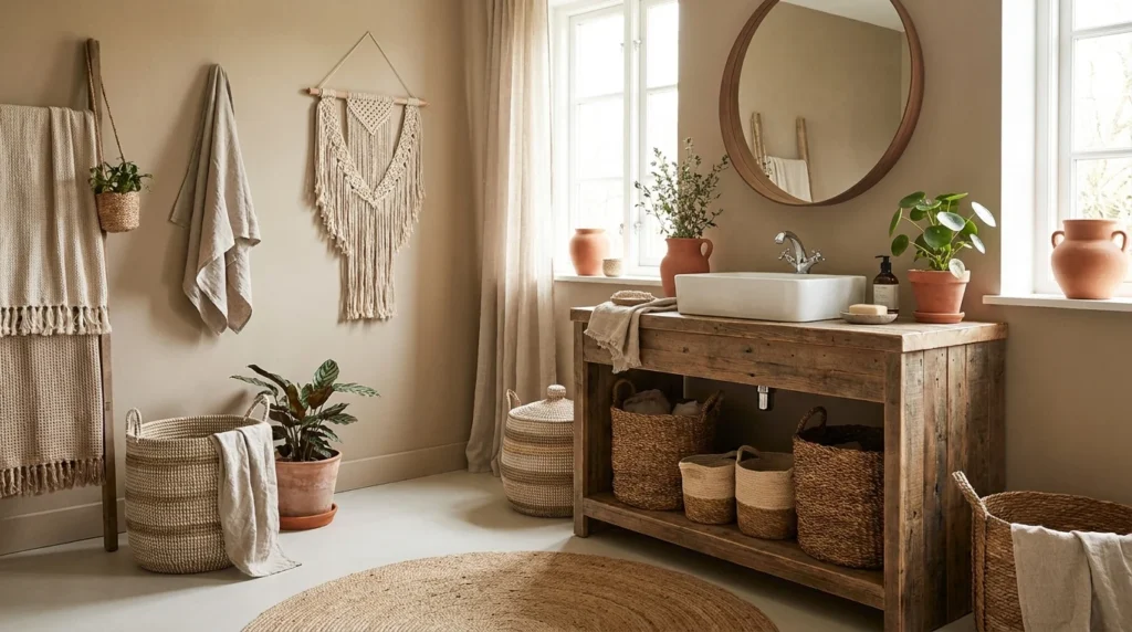 Boho bathroom with wooden vanity, woven baskets, and earthy textures