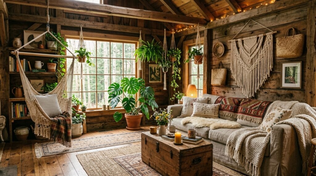 Boho cabin interior with woven decor, plants, and cozy warm lighting