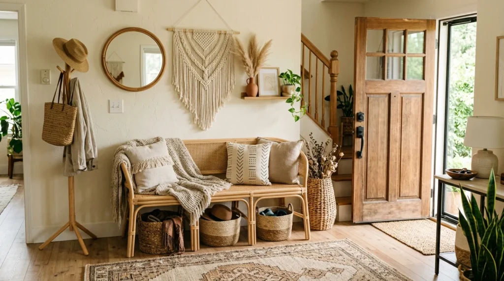 Boho chic entryway with rattan bench, woven decor, and earthy styling