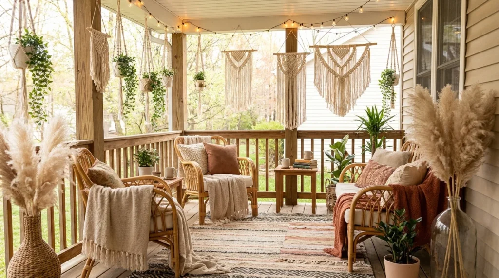 Boho spring porch with rattan furniture, macrame decor, and pampas grass