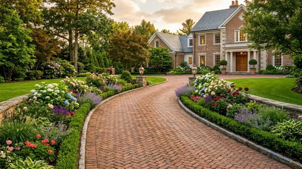 Classic brick driveway with flower beds and elegant outdoor landscaping