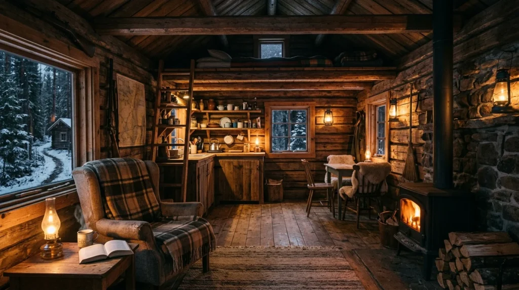 Off-grid cabin surrounded by peaceful forest and warm rustic lighting