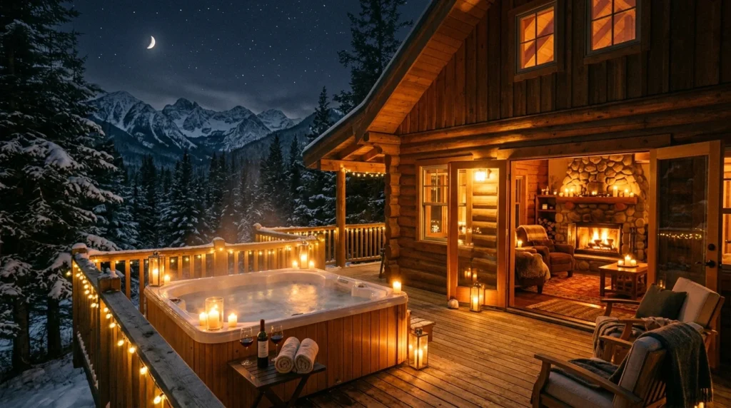 Romantic cozy cabin with candles, fireplace, and relaxing hot tub views