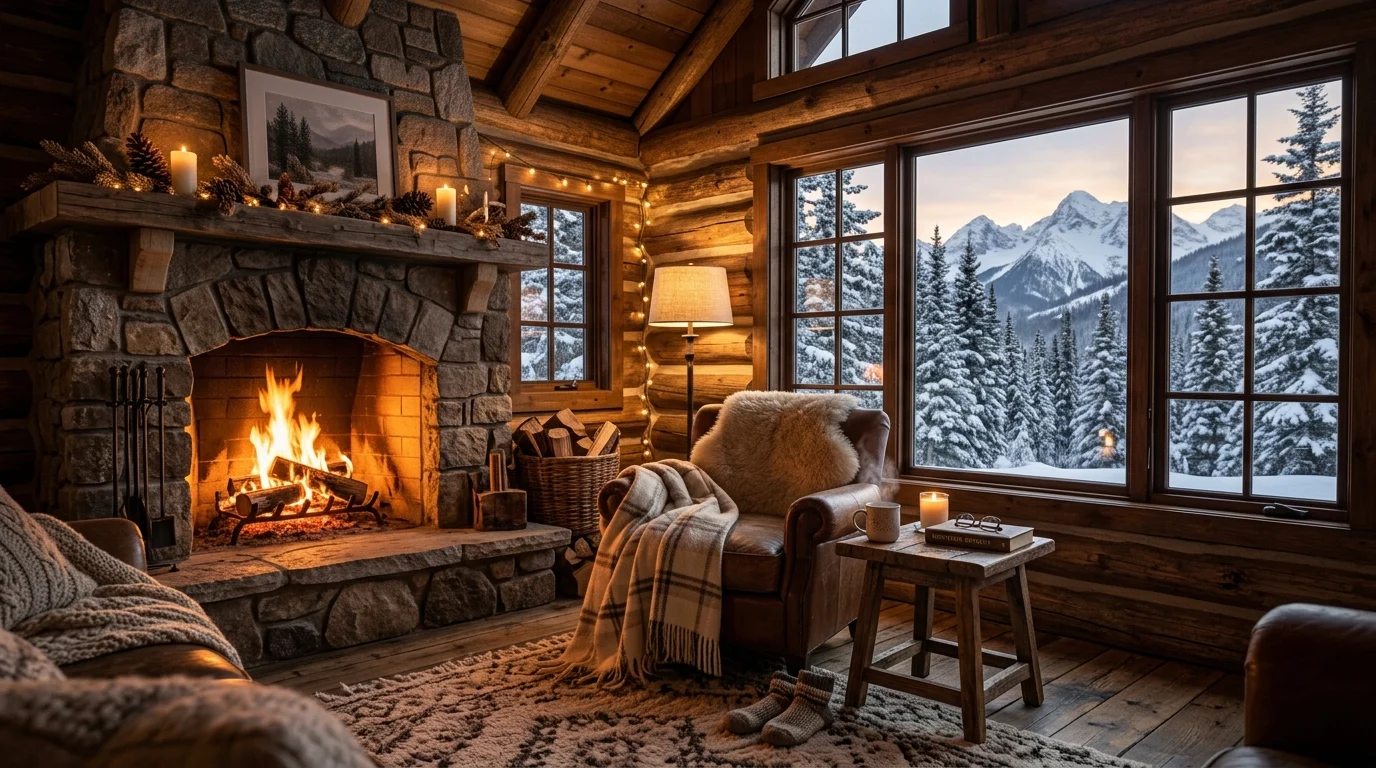 Cozy mountain cabin retreat with fireplace, warm lighting, and relaxing nature views