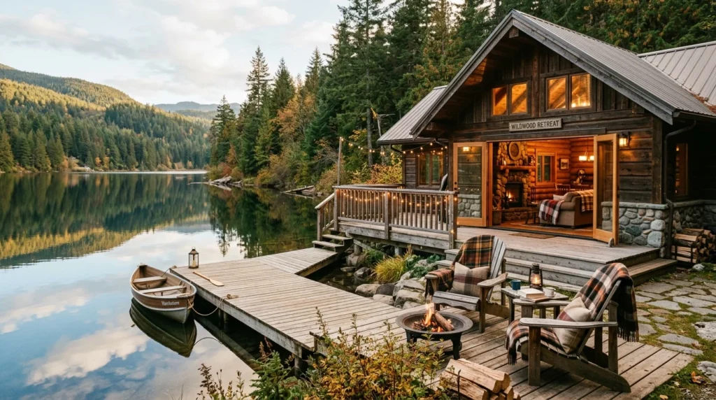 Lakeside cabin with wooden dock and peaceful water views