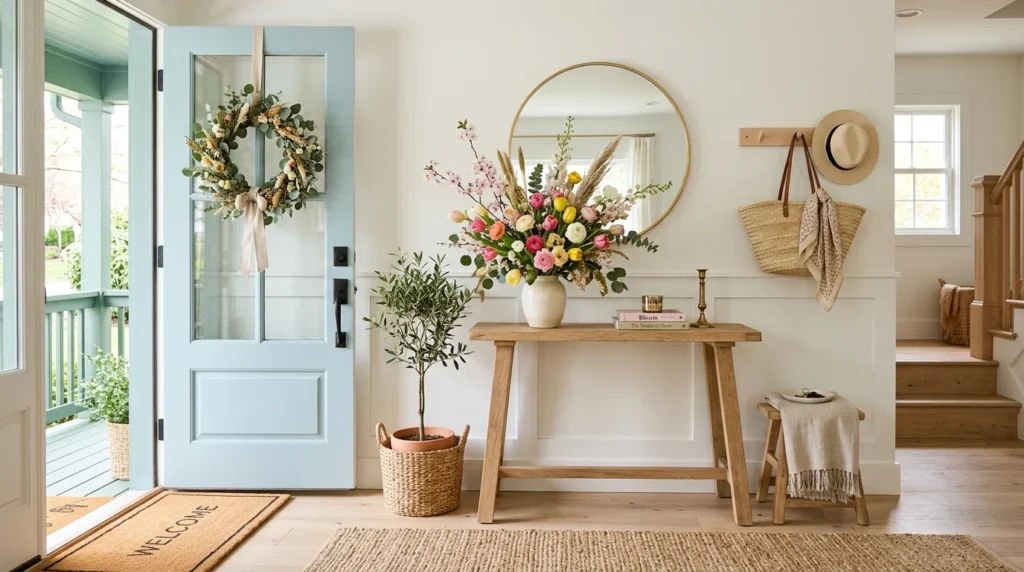 floral spring entryway decor light wood chic welcoming home design