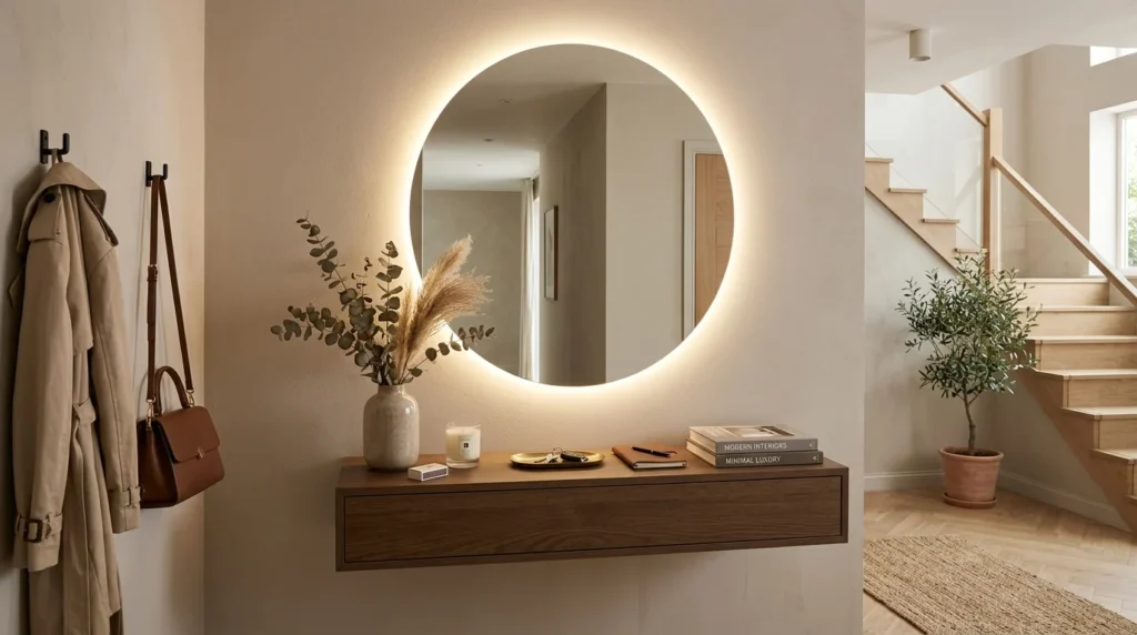 Floating console table with circular LED mirror in modern entryway