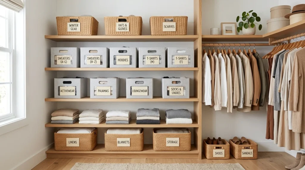 Labeled closet bins and baskets with organized storage system