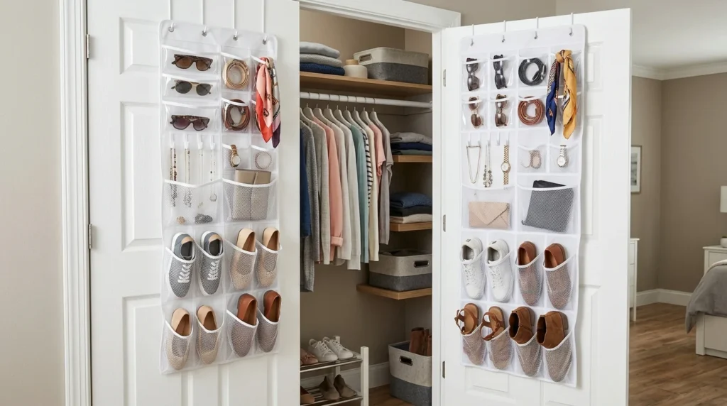 Closet door organizer with shoes and accessories neatly stored