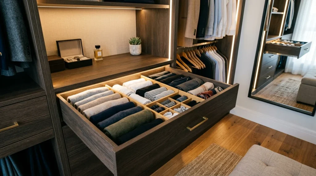 Organized closet drawers with dividers and neatly folded clothing