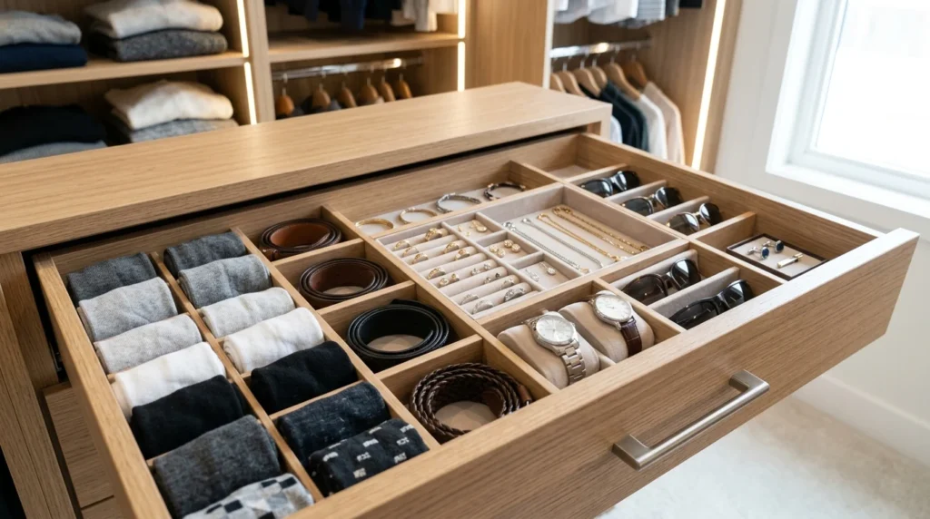 Closet drawers with organized accessories and folded clothing