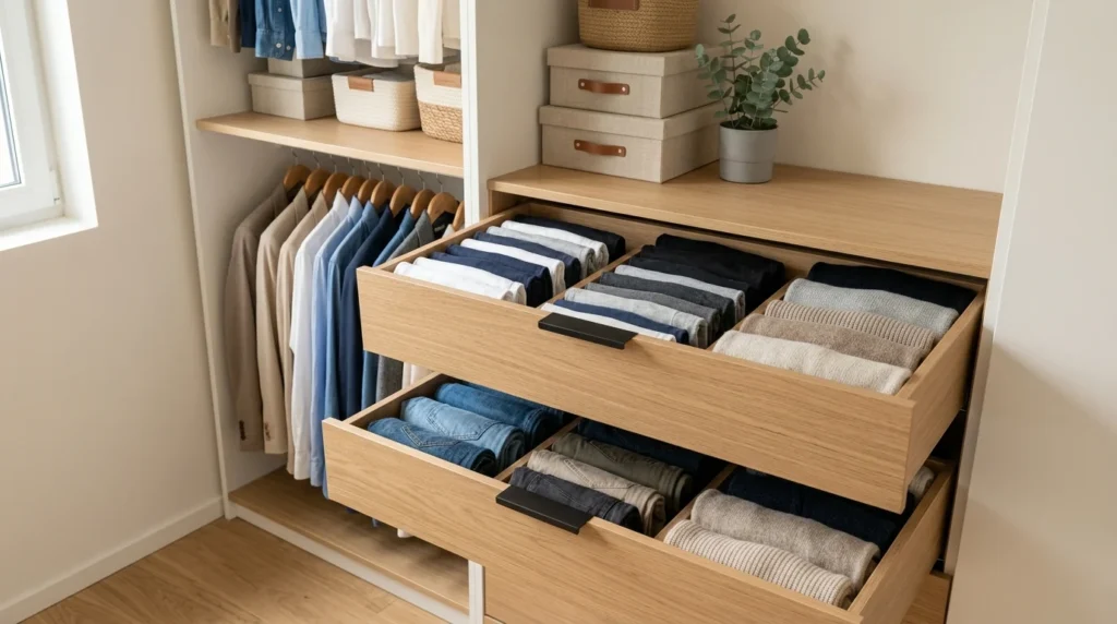 Closet drawers with vertically folded clothing organization