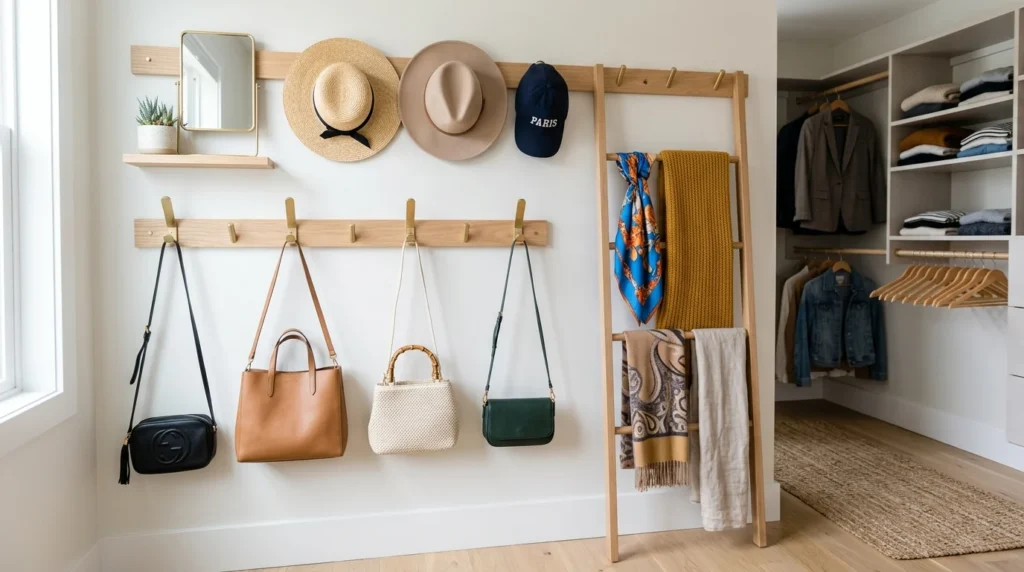 Closet hooks organizing handbags, scarves, and hats