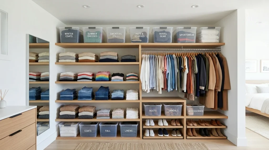 Seasonal closet organization with labeled storage bins and folded clothing