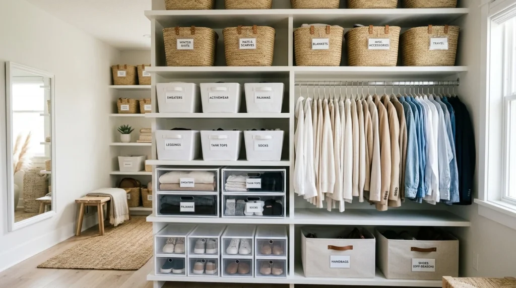 Closet with woven baskets, labeled bins, and organized storage shelves
