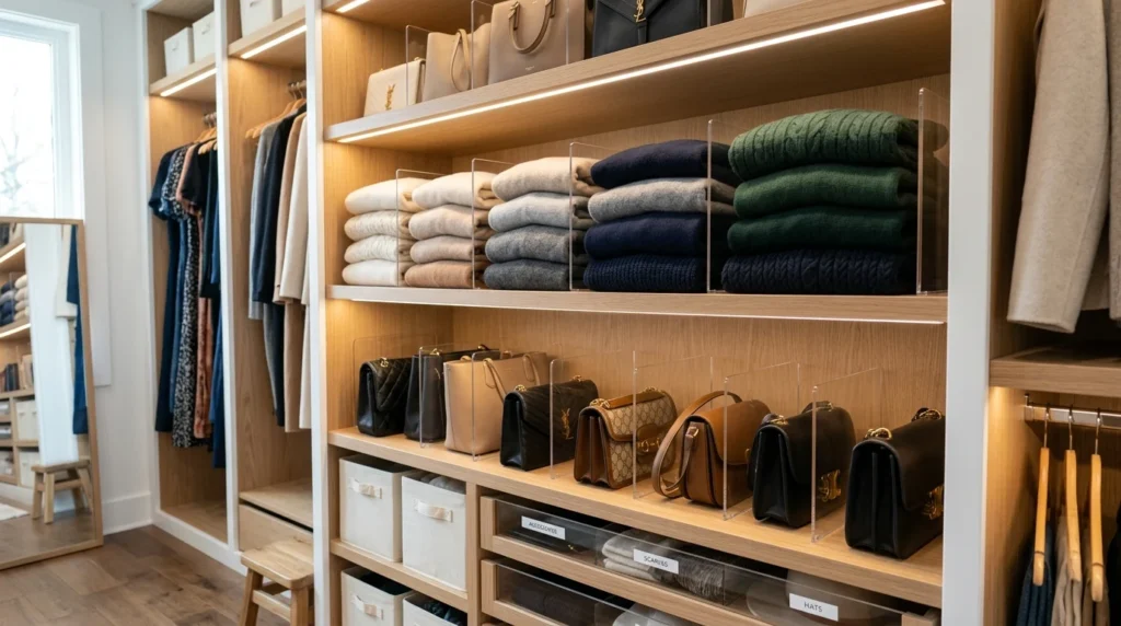 Closet shelves with acrylic dividers and neatly folded clothes