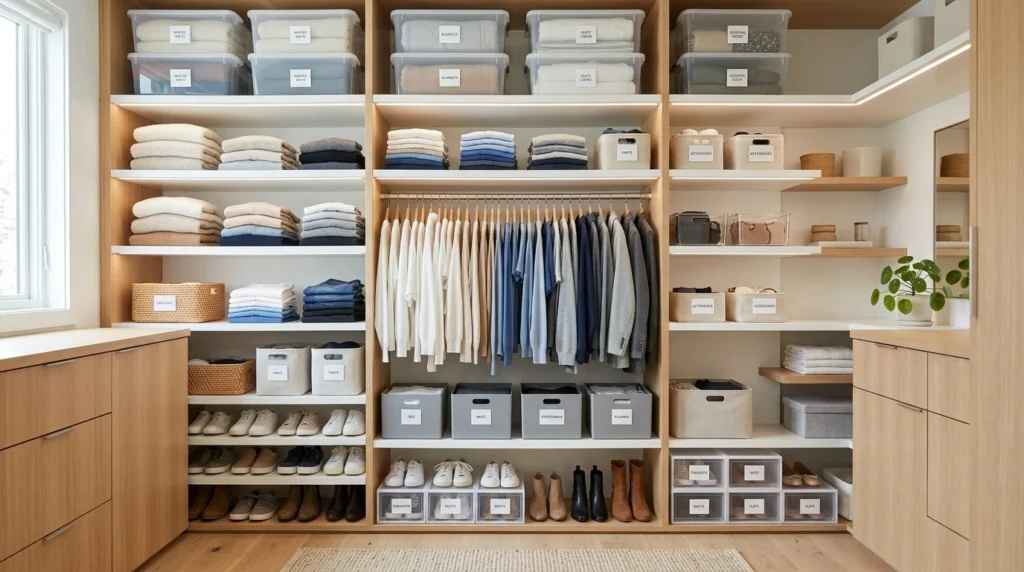 Closet with clear storage bins and labeled organization containers