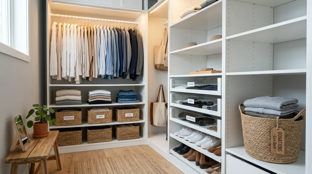 Organized closet with donation basket for decluttering clothes