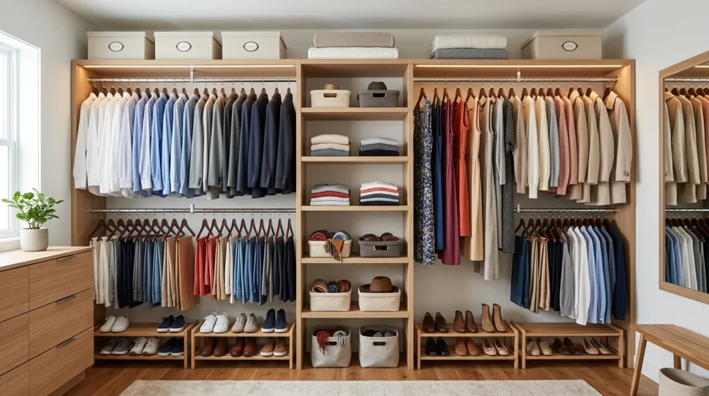 Closet with double hanging rods and organized wardrobe layout