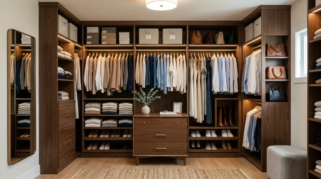 Walk-in closet with small dresser and organized shelves
