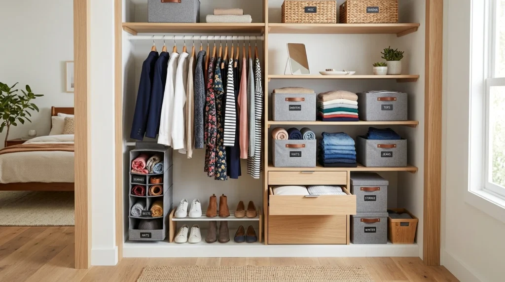 Closet with hanging organizers and compact clothing storage setup
