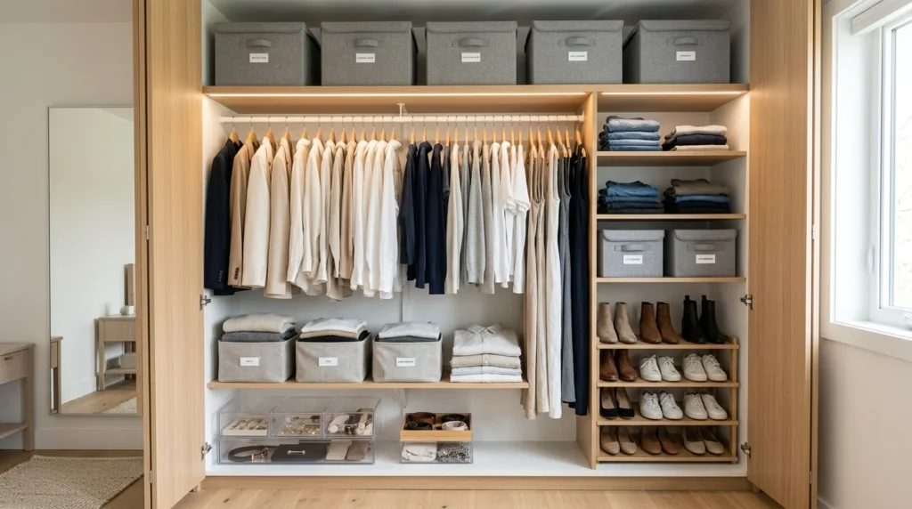 Closet with labeled seasonal clothing storage bins