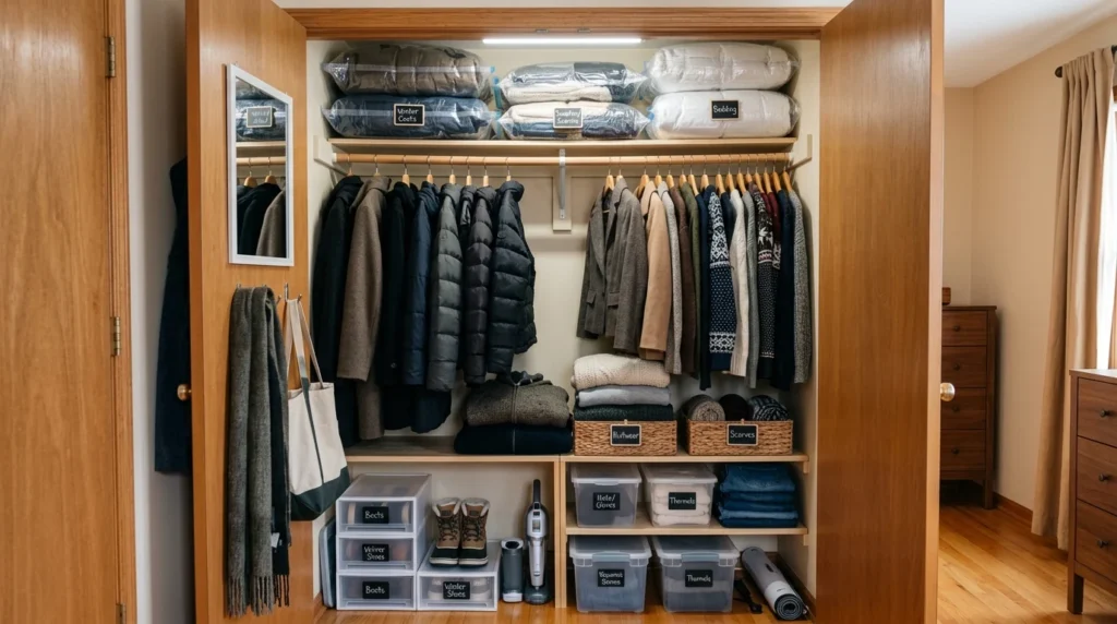 Closet with vacuum storage bags for winter clothing organization