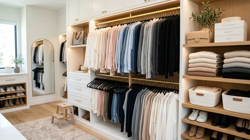 Closet with matching velvet hangers and neatly organized clothing