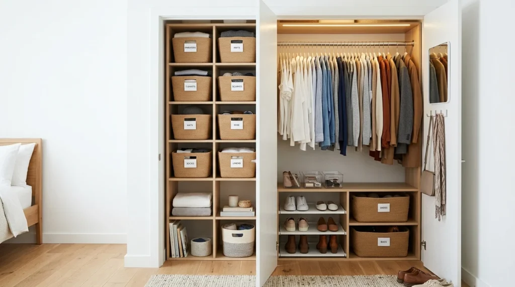 Small organized closet with vertical shelving and compact storage solutions