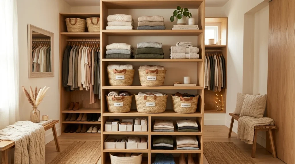Closet shelves with decorative woven storage baskets