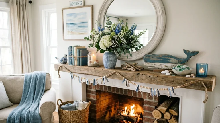 coastal spring mantel decor blue white tones natural cozy aesthetic
