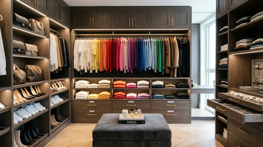 Color-coordinated closet with neatly arranged clothing