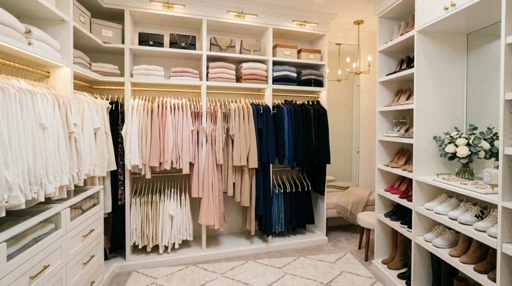Color-coordinated closet with matching hangers and neatly organized clothing