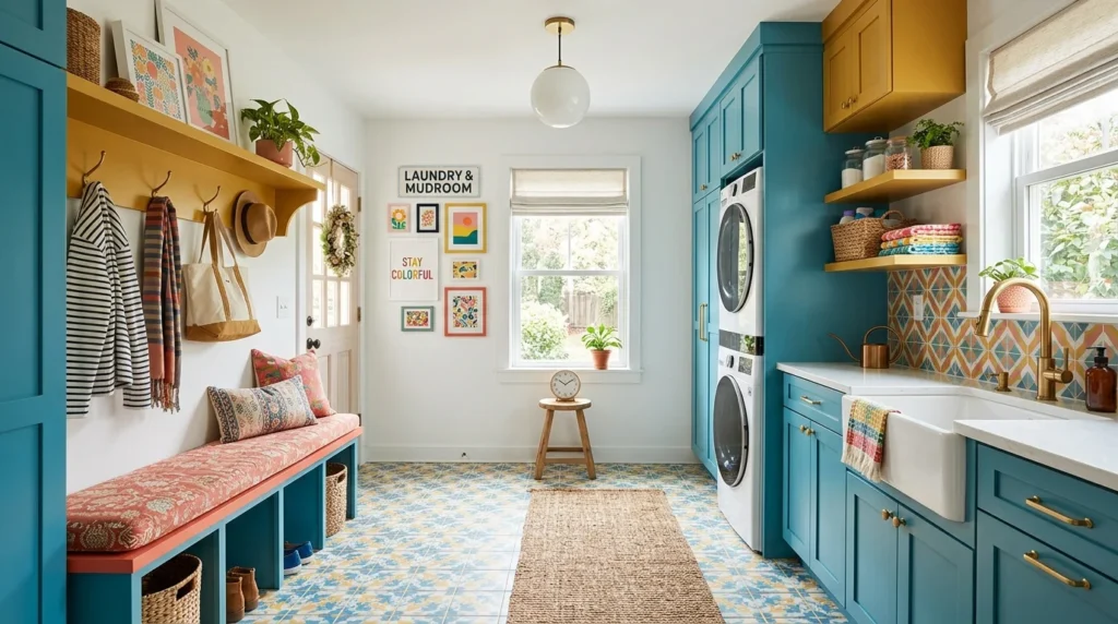 colorful mudroom laundry combo bright cabinets fun modern design