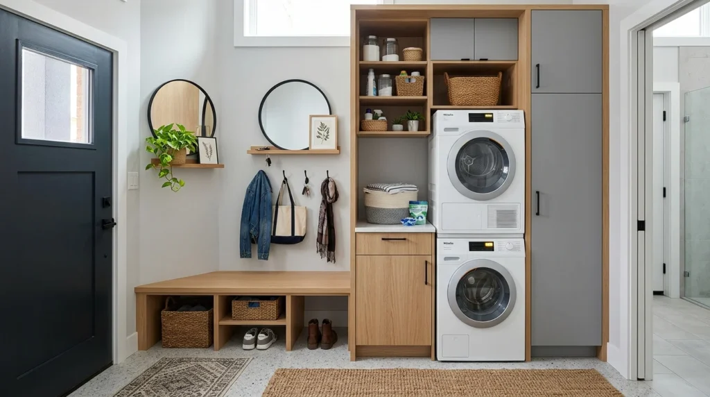 compact entryway mudroom laundry combo small space washer dryer storage