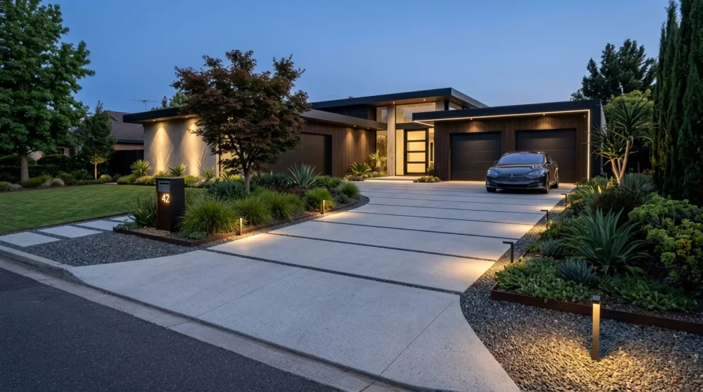 Modern concrete driveway with minimalist landscaping and outdoor lighting