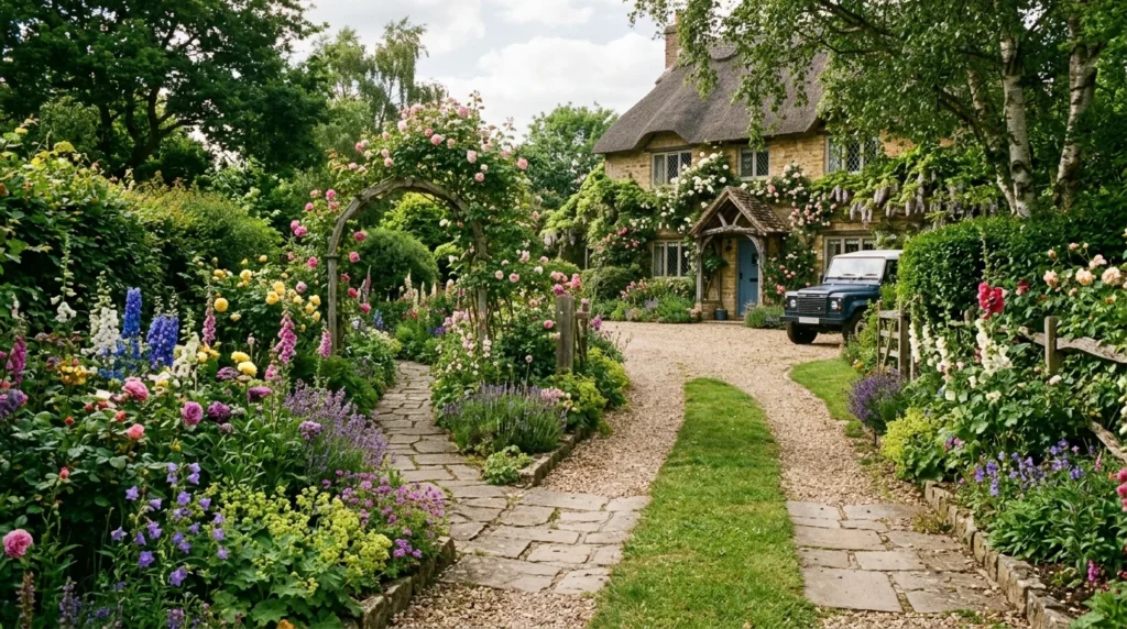 Cottage garden driveway with flowers, greenery, and charming pathways