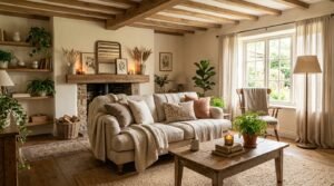 Earthy cottage style home with warm neutral decor, wooden furniture, cozy textures, and soft lighting